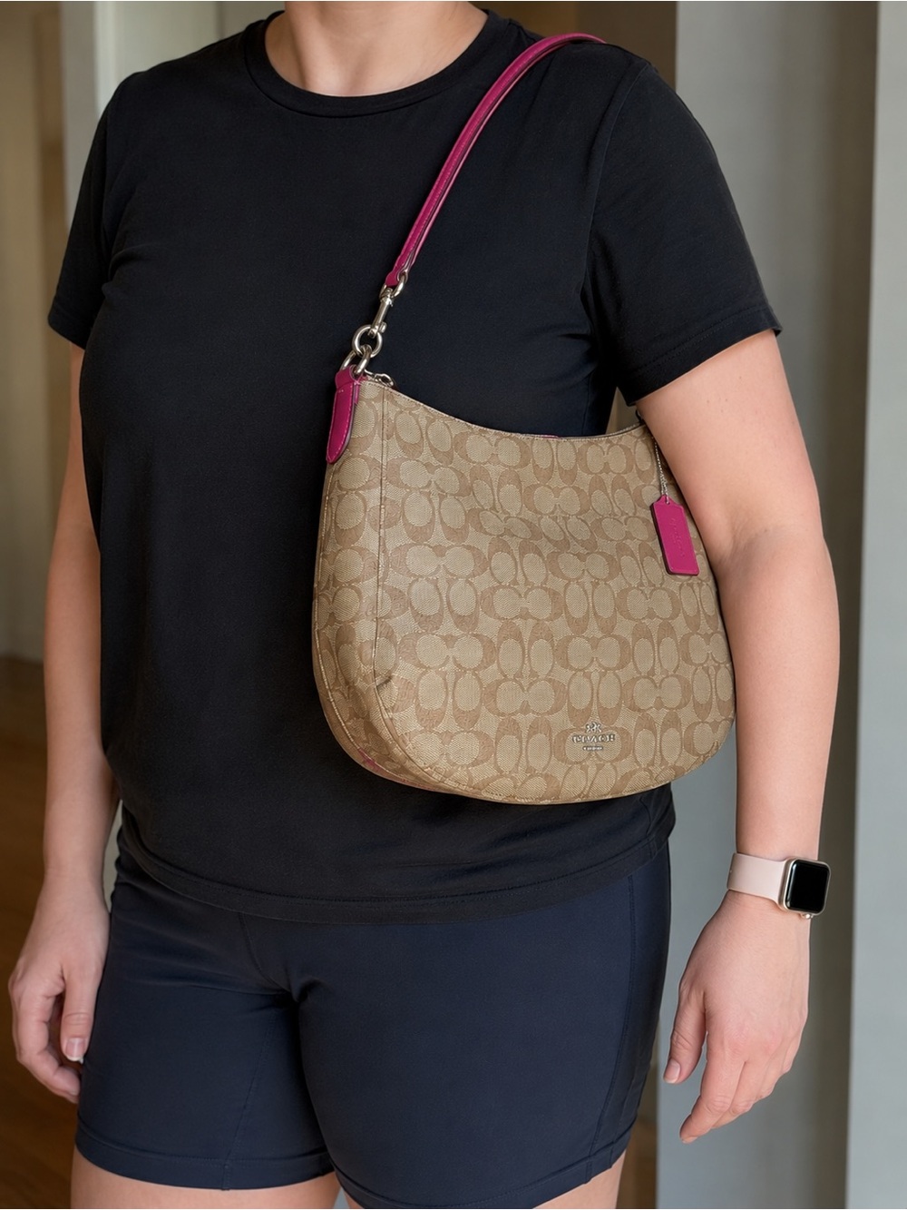 Coach Signature Canvas Elle Hobo Bag Khaki/Blossom Pink Convertible Crossbody